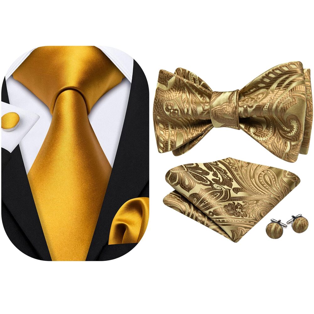 4054 Self Tie Bow Ties Gold Bow Tie and Pocket Square Cufflinks Set Paisley